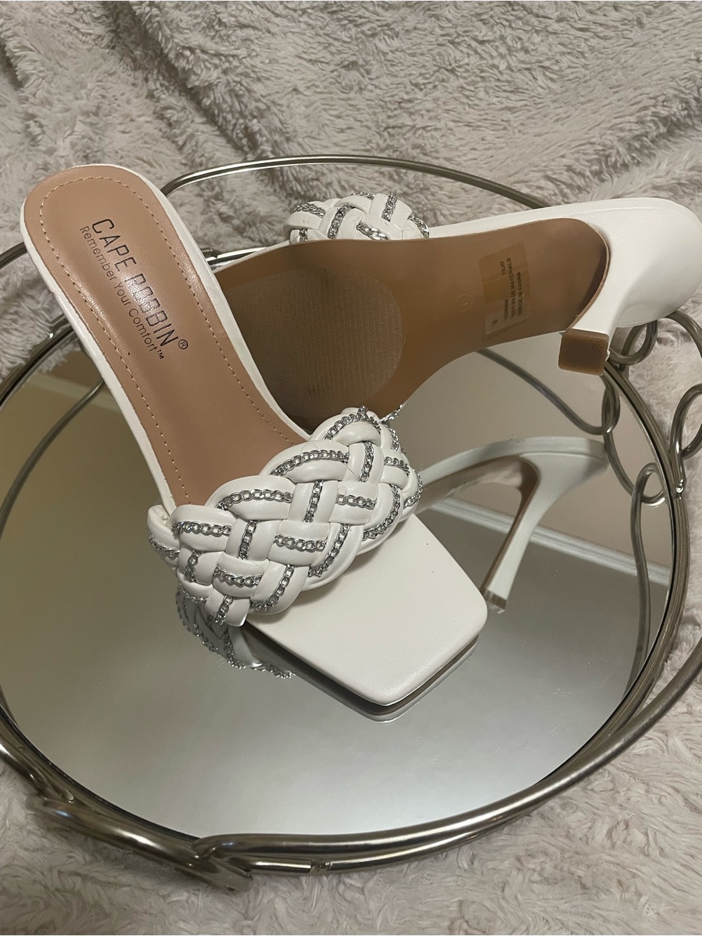 Cape Robbin White Braided Rhinestone Strap Heeled Mules